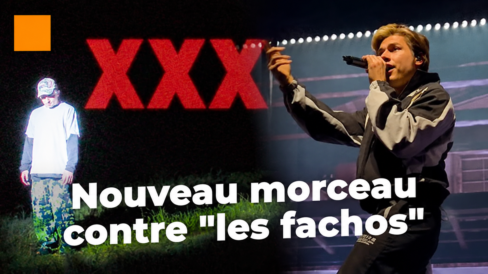 Orelsan sur scène et visuel de son morceau XXX